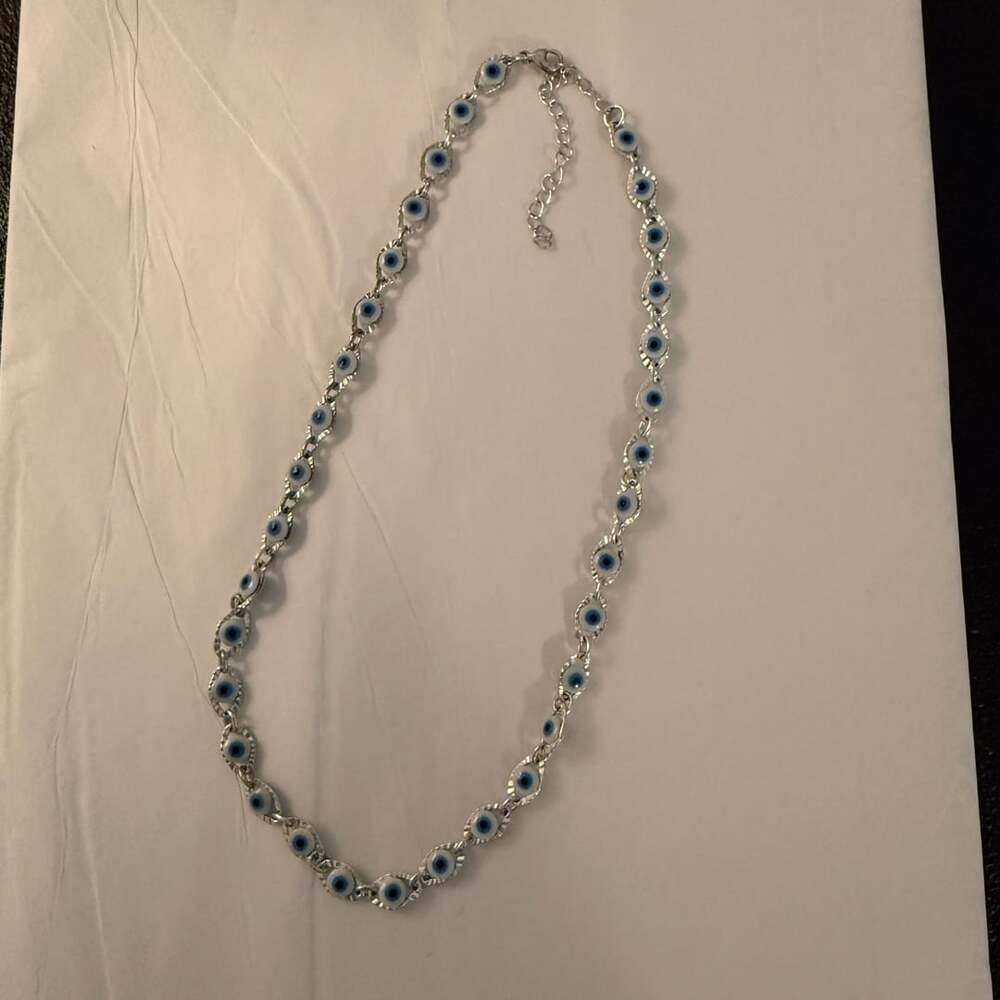 Evil Eye Necklace Silver Tone Blue White